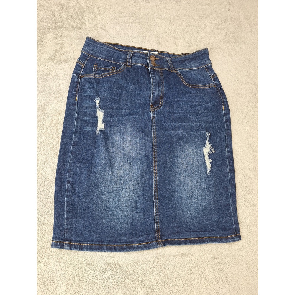 Vintage Violet Women Distressed Denim Pencil Skirt Dark‎ Wash Petite Medium PM